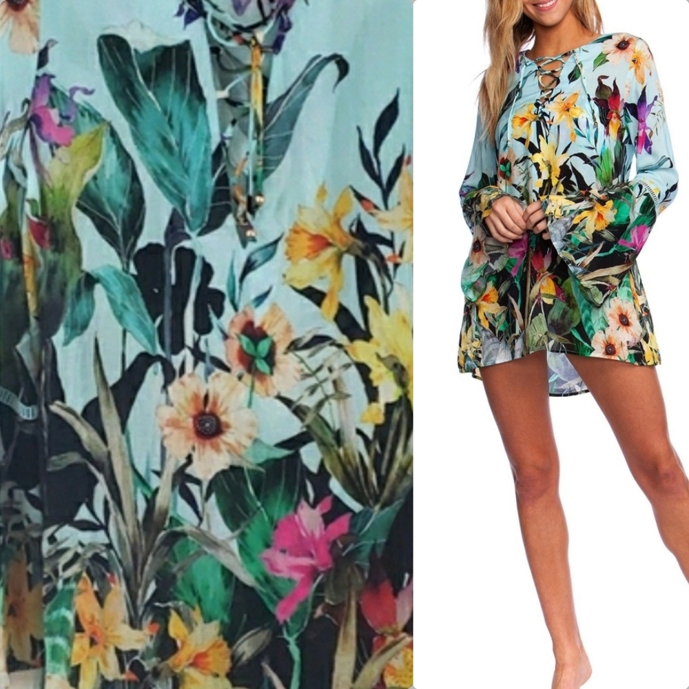 Nanette Lepore Womens Bloomin' Botanical Floral Dress Swim Cover-Up Blue, Sz XS